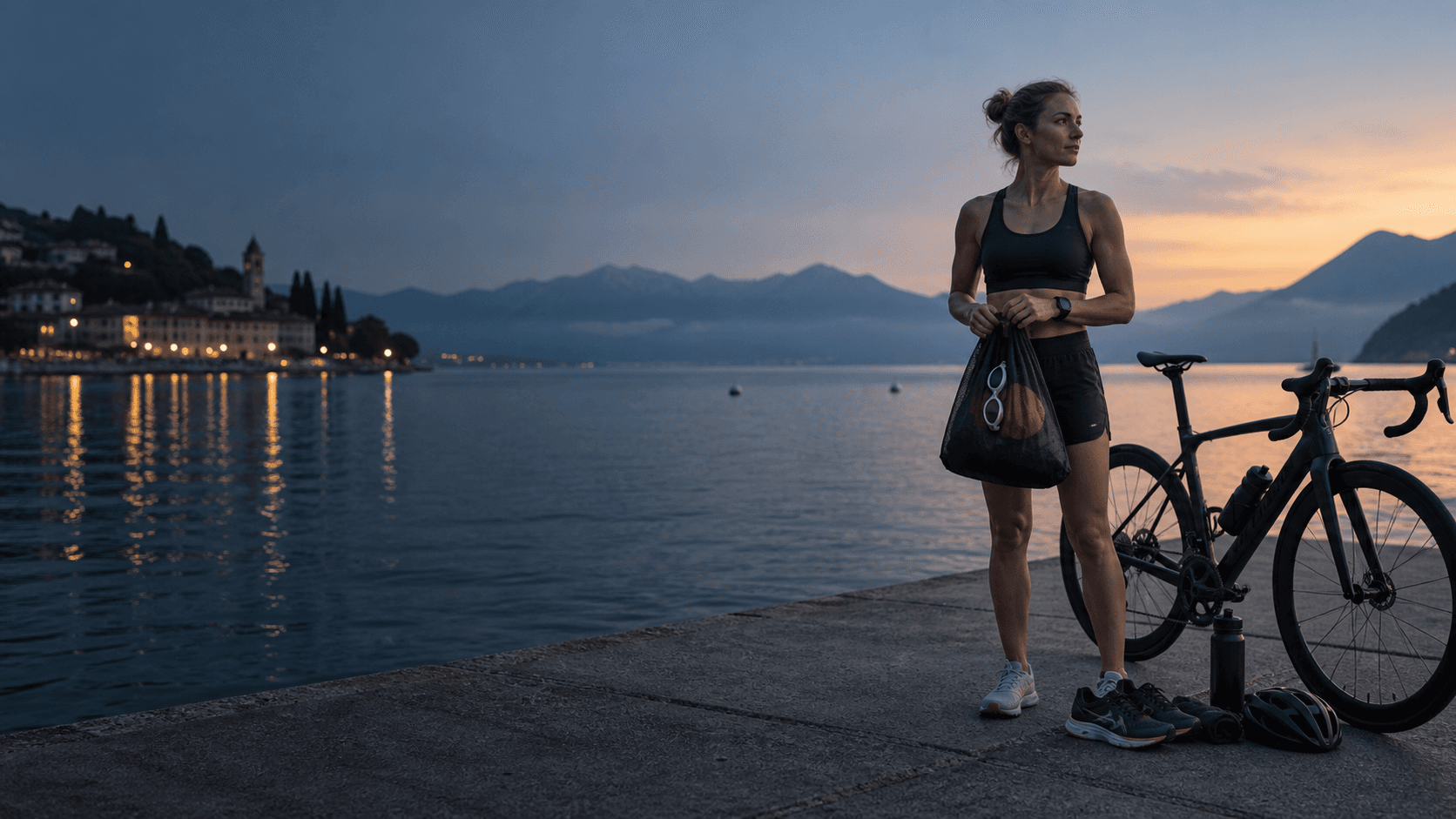 Recreational triathlete preparing beside open water at dawn